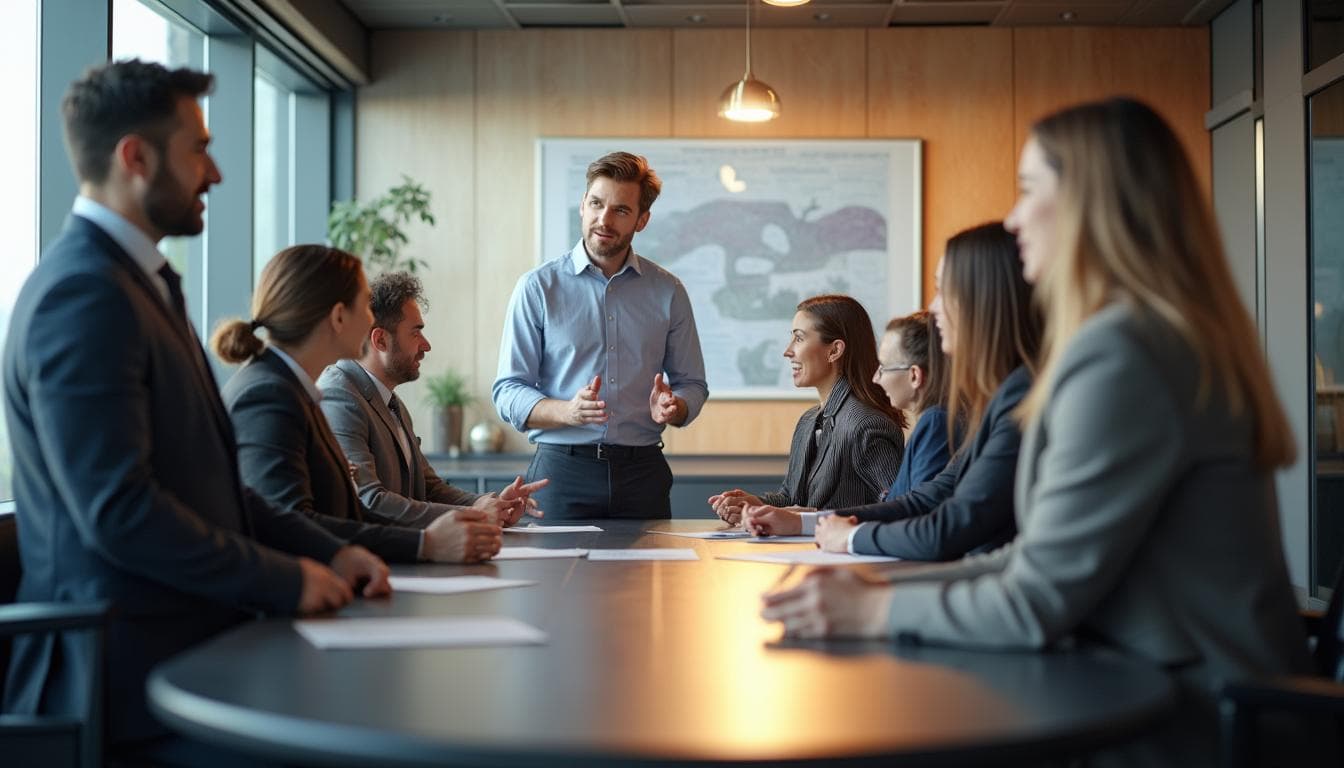 Business team in an engaged boardroom meeting — Scribr captures meeting minutes and action items