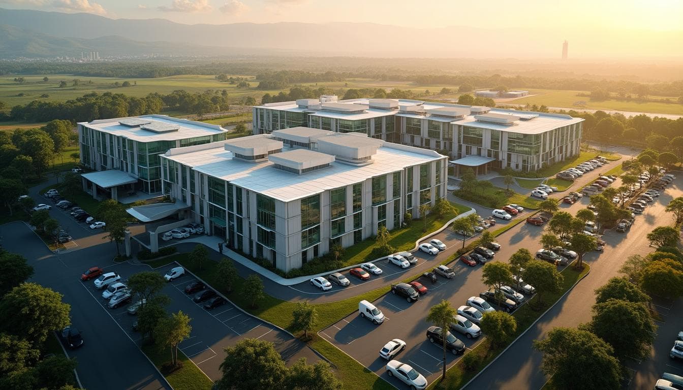 Aerial view of a modern hospital campus — Scribr powers enterprise-scale AI documentation