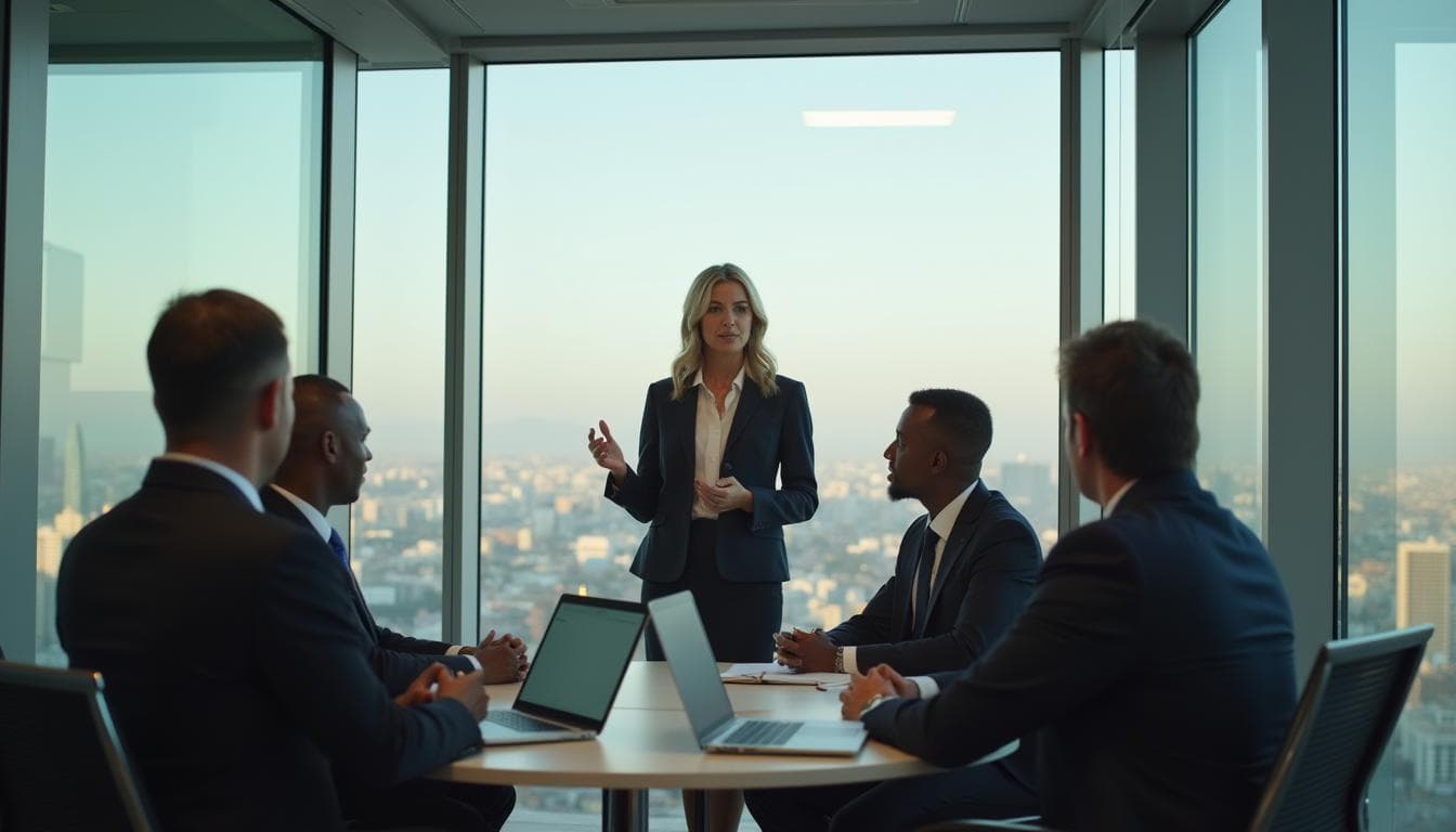 Financial advisor presenting to clients in a glass-walled office — Scribr generates compliance documentation