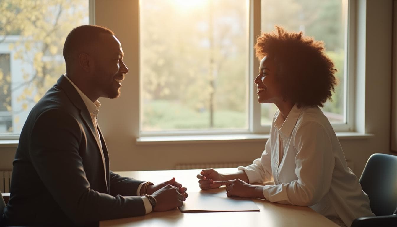 Two professionals engaged in a meaningful conversation — Scribr documents it automatically